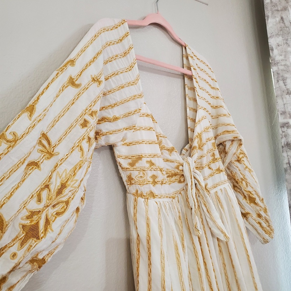 Anthropologie By Anthropologie Embroidered Tie-Front Maxi Dress Cream Gold M - Picture 7 of 13